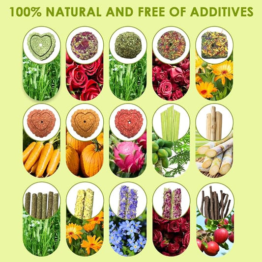 60pcs DIY Rabbit Toys for Bunnies Boredom,Rabbit Toy for Bunnies Boredom Bunny Toys for Teeth, Timothy Stick, Apple Sticks, Sweet Bamboo, for Guinea Pig, Hamster, Chinchilla, Rat, Small Animals