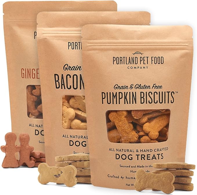 Portland Pet Food Company Natural Dog Treats Variety Pumpkin Gingerbread & Bacon Dog Biscuits - Grain-Free, Human-Grade Healthy Training & Snacks - Puppy, Small, Large Breed - Made in the USA - 3 Pack