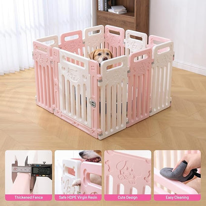 Dog Playpen Clear Fence Pet Puppy Cat Small Play Pen Indoor Foldable Kennel Whelping Box for Dogs with Gate (Pink + White, 10 Panels+1 Door)