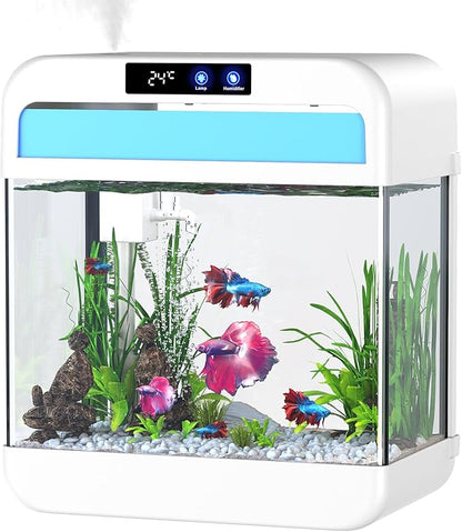 Fish Tank 2.2 Gallon Aquarium Tank Kit,with 3 Color Auto-Looping Light,Fish Bowl with Humidifier Pump,Fish Tank Small Aquarium,Temperature Display, Humidifier Function for Aquariums Starter Kits