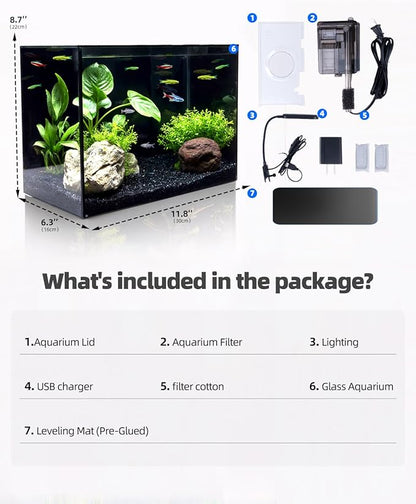 2.5 Gallon Glass Small Fish Tank Kit, Betta Fish Tank Aquarium Starter Kit with Filter, Lights, Lid, for Betta, Goldfish, Small Fish or Shrimp