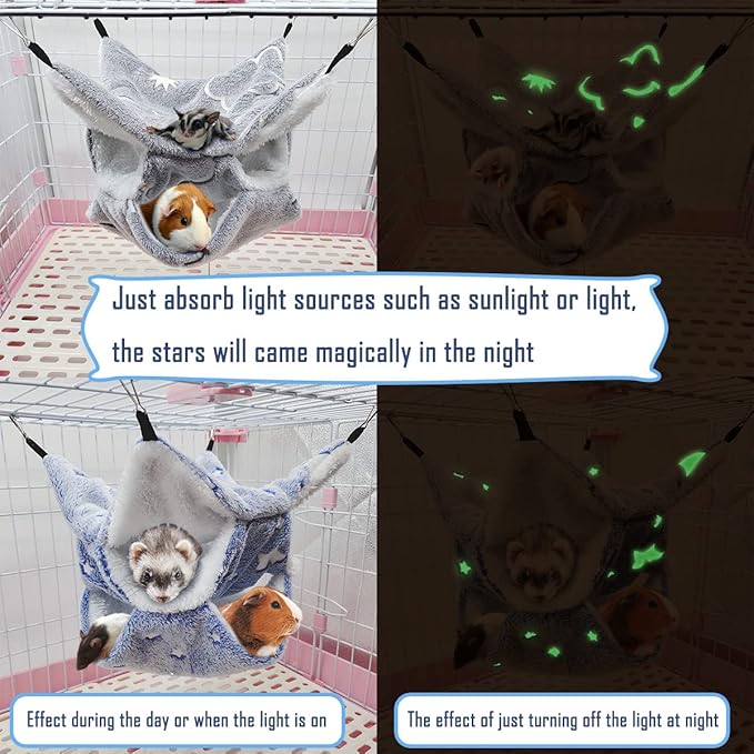 LEFTSTARER Noctilucent Luminous Guinea Pig Rat Hammock Hanging Triple-Layer Hammock Bedding for Ferret Hedgehog Squirrel Hideout Cage Accessories (Cloud & Stars)