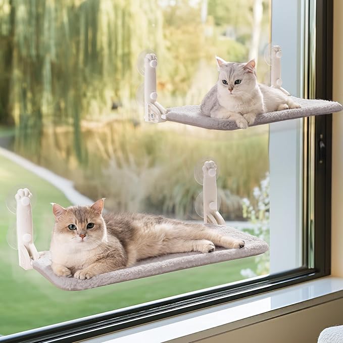 Mewoo 2PC Cat Window Perch, Cordless Window Hammock with Steel Frame and Removable Soft Cover, Embeded Cat Seat with 4 Strong Suction Cups (Grey, 2 Pack)