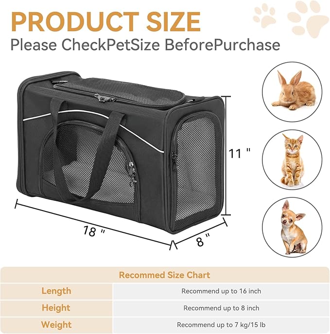 ‌Petsfit Airline Approved Pet Carrier for Small Dogs & Cats, 18x8x11 TSA Approved Carrier, with Removable Dual-Sided Padding (2-Way Placement) - Fits Under Most Airplane Seats, Escape Proof (Black)
