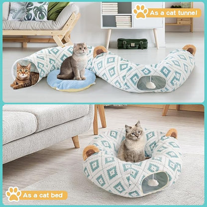 Cat Tunnel Bed with Soft Cushion, Cat Donut Tunnels for Indoor Cats, Peekaboo Cat Cave Toy, Multifunctional Playground Toys for Kittens, Rabbit, Blue Jacquard Pattern