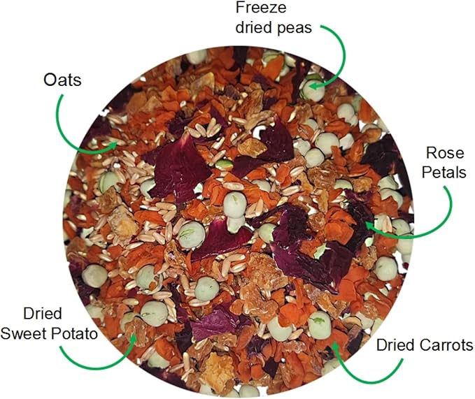 Chinchilla Food - 8oz Natural Treat Mix with Carrots, Green Peas, Sweet Potatoes, Oats and Rose Petals - for Squirrels, Rabbits, and Small Herbivores