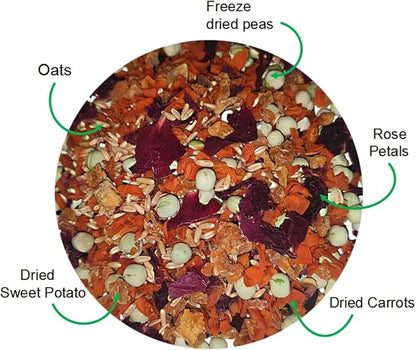 Chinchilla Food - 8oz Natural Treat Mix with Carrots, Green Peas, Sweet Potatoes, Oats and Rose Petals - for Squirrels, Rabbits, and Small Herbivores