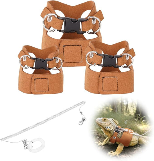 Brown Bearded Dragon Leash and Harness Set, 3 Size Easy Walk Bearded Dragon Harness, Adjustable Traction Rope Ferret Harness and Leash Set Cat Rat Accessories Stuff for Squirrel