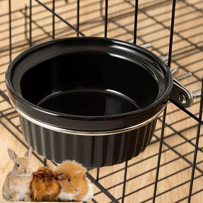 Rabbit Hanging Ceramic Bowl, Removable Cage Feeder Thick Ceramic Bowl with Stainless Steel Support Ring Pet Water Food Bowl for Small Animal Chinchilla Ferret Small Dog & Cat (4.92 * 1.97”) (Black)