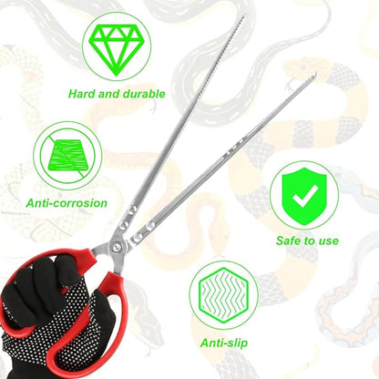 15 Inch Snake Feeding Tongs, 2 PCS Stainless Steel Reptile Tongs, Extra Long Large Tweezers for Bearded Dragon Ball Python Tank Accessories Terrarium Supplies With Gloves