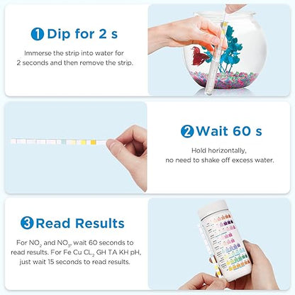 9 in 1 Aquarium Test Strips - 100 Strips Aquarium Water Test Kits for Freshwater Saltwater - Testing for Iron, Copper, Nitrite, Nitrate, pH, GH & KH, Chlorine, Total Alkalinity