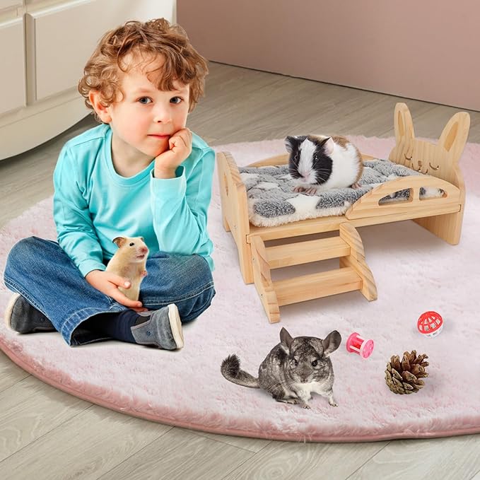 Rypet Wooden Guinea Pig Bed with Stairs and Mat Cozy Small Animals Cushion Bed Detachable Small Pet Hut Habitats for Guinea Pig Dwarf Rabbit Chinchillas Hamster Ferret