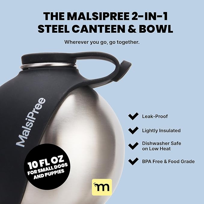Malsipree 2-in-1 Portable Dog Water Bottle & Bowl for Small Dogs - Leak Proof & Insulating - Travel Water Dispenser - Stainless Steel Bottle & Silicone Bowl - Walking & Hiking (10 fl oz, Black)