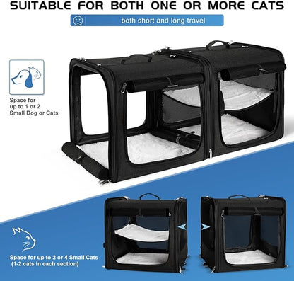 Suertree Cat Carrier for 2 Cats, Pet Travel Carrier with Litter Box for Cats and Small Dogs Up to 45 Lbs, Bowls, and Locking Zippers, Black
