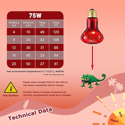 75W Infrared Basking Spot Light Bulbs for Reptiles & Amphibians – Red Heat Lamp for Bearded Dragons, Turtles, Snakes & Chicks, Great for Terrarium Heating & Brooder Warmth | 2 Pack