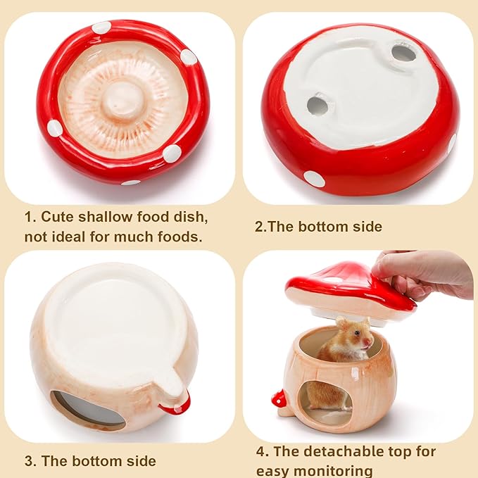 Hacaroa 3 Pack Ceramic Hamster Hideout, Mushroom Shape Guinea Pig Food Bowl Cute Water Bottle with Stand, Cool Hamster Bed House Small Animal Cage Accessories for Dwarf Hamsters, Mice, Gerbils