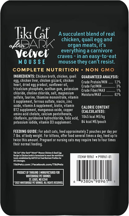 Tiki Cat After Dark, Velvet Mousse, Chicken & Quail Egg Recipe in Chicken Broth, Grain & Potato Free Formula, with High Protein & Nutrient Dense Blended Organ Meat, 2.8 oz. Pouch (Pack of 12)