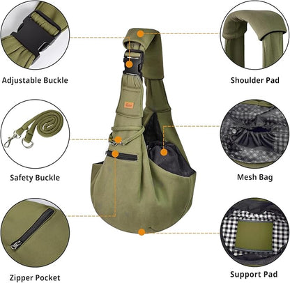 CUBY Dog and Cat Sling Carrier - Hands Free Reversible Pet Papoose Bag - Soft Pouch and Tote Design - Suitable for Puppy, Small Dogs Cats Outdoor (Green, Adjust Strap 2.0)