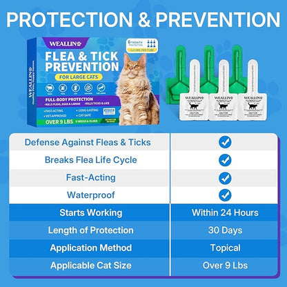 Flea and Tick Prevention for Large Cat, Fleas and Ticks Treatment for Cats Over 9 lbs, Topical Cat Flea Treatment, Fast-Acting & Long-Lasting Fleas Control for Cats, 6-Dose Supply