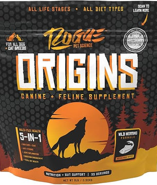Origins 5-in-1 Dog Supplement - Powdered Food Topper w/Natural Omega 3 Fish Oil - Supports Healthy Digestion, Skin, and Coat - Helps Reduce Itching & Joint Inflammation (2 lbs)