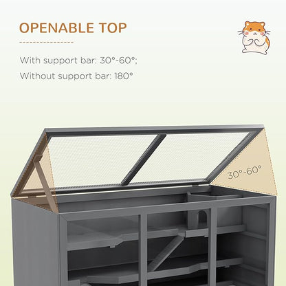 PawHut 45" Extra Large Wooden Hamster Cage, 3-Layer Rat Cage with Opening Roof, PVC Window, Small Animal Habitat for Gerbil, Dwarf & Syrian Hamsters, Gray