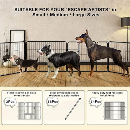 OFIKA Heavy Duty Metal Dog Playpen for Medium/Small Animals, 16 Panels 24”Height x 27" Width, Dog Fence Exercise Pen with Doors, Pet Puppy Outdoor Playpen Pen for Outdoor, Indoor, RV, Camping, Yard