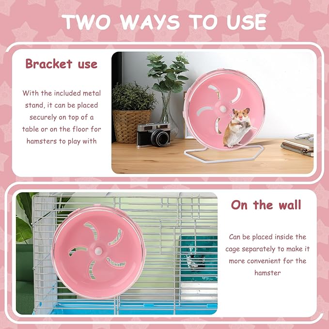 Pink 8.4" Silent Hamster Wheel with Height-Adjustable Stand, Quiet Spinning Hamster Exercise Wheels, Small Animal Chinchilla Running Toys Cage Accessories for Gerbils Mice Rats (Pink)