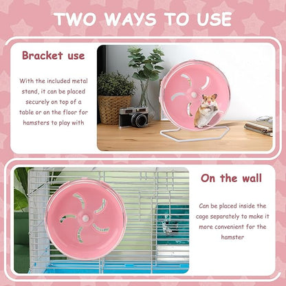 Pink 8.4" Silent Hamster Wheel with Height-Adjustable Stand, Quiet Spinning Hamster Exercise Wheels, Small Animal Chinchilla Running Toys Cage Accessories for Gerbils Mice Rats (Pink)
