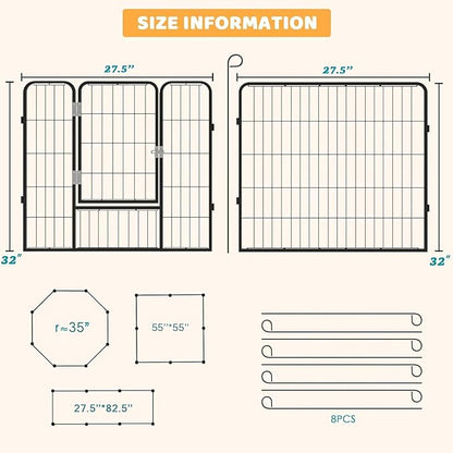OFIKA Heavy Duty Metal Dog Playpen for Medium/Small Animals, 8 Panels 32”Height x 27" Width, Dog Fence Exercise Pen with Doors, Pet Puppy Outdoor Playpen Pen for Outdoor, Indoor, RV, Camping, Yard