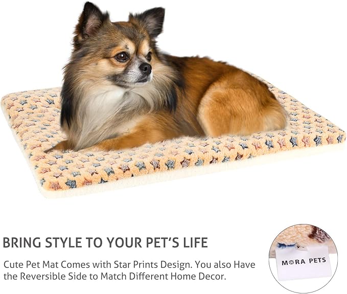 Mora Pets Dog Crate Pad - Ultra Soft Pet Bed With Cute Star Print, Washable Mat for Large Medium Small Dogs, Reversible Fleece Kennel Liner, Cat Bed 21 x 12 Inch Brown