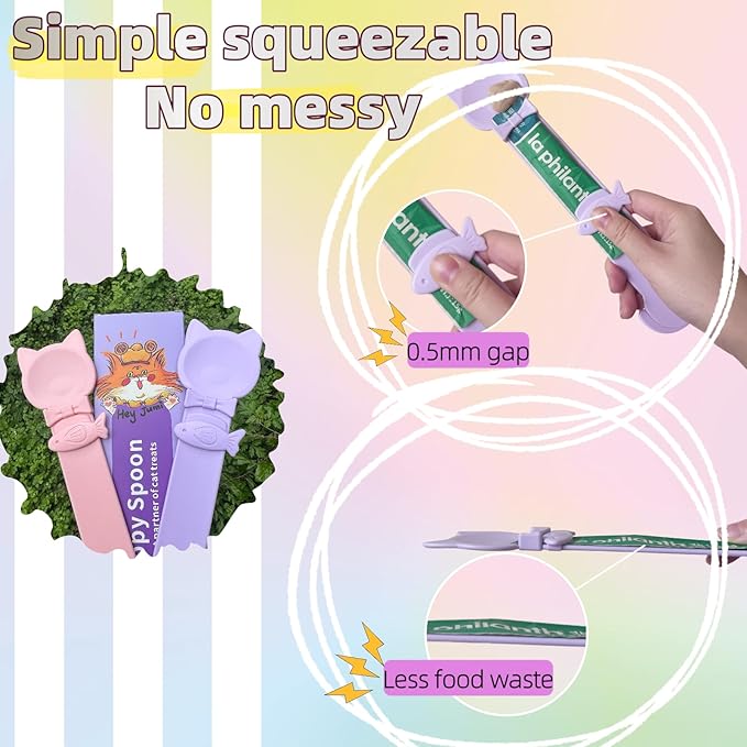 2 Pack Cat Treat Squeeze Spoon, Lickable Dispenser for Wet Food & Puree, Multi-Function Feeding Tool with Ergonomic Design, Easy to Clean (Pink&Purple/Blue&Purple)