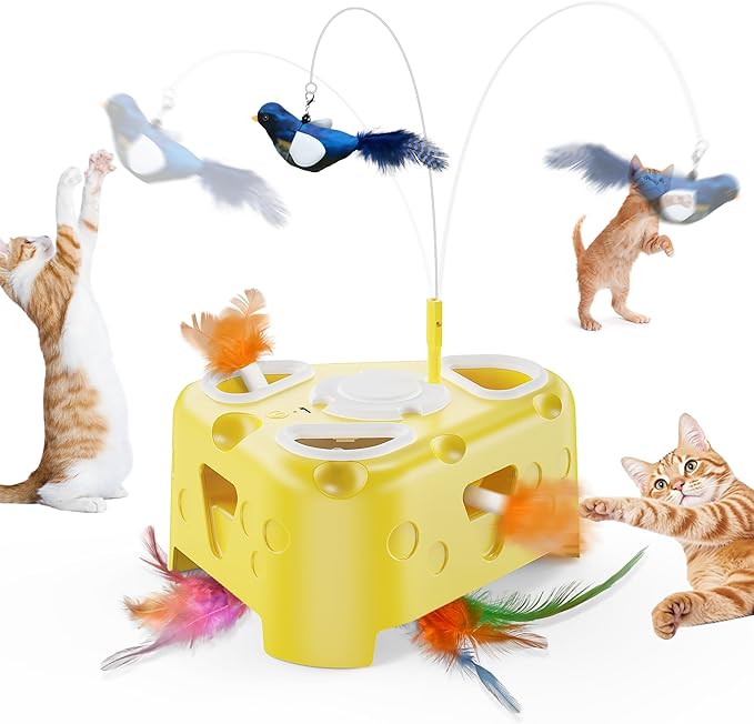 Interactive Cat Toy for Indoor Cats, Enrichment Stimulation Kitten Toys,Flying Bird,6 Holes Mole,Rotating Feather, USB Rechargeable Electronic Interactive Feather Toy for Bored Adult & Kitten Cats