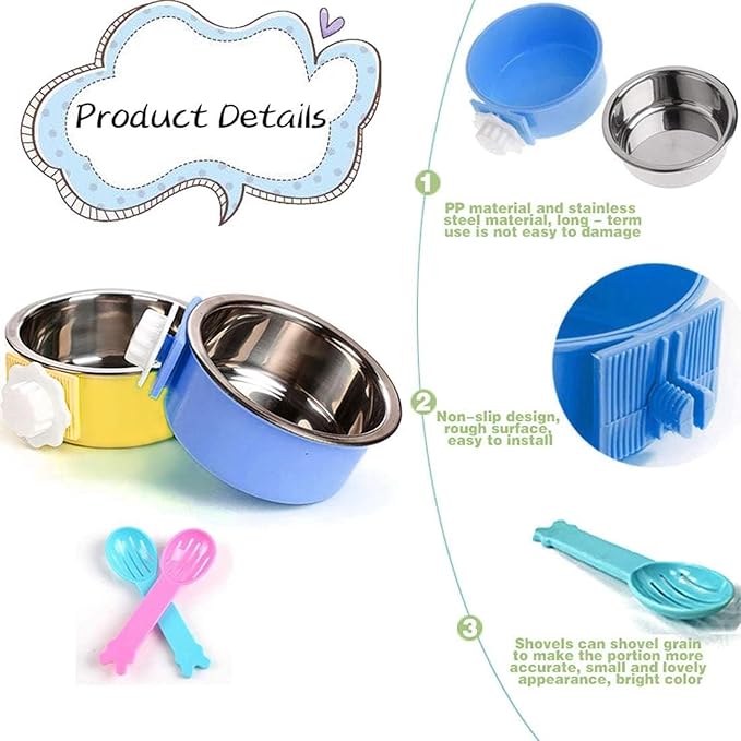 Hamiledyi 2-Pack Hanging Dog Bowls with Removable Stainless Steel Feeder - Spill-Proof Crate Bowls for Kennel/Cage, Puppy to Medium Dogs, Cats, Rabbits & Guinea Pigs (Durable Pet Food & Water Dishes)