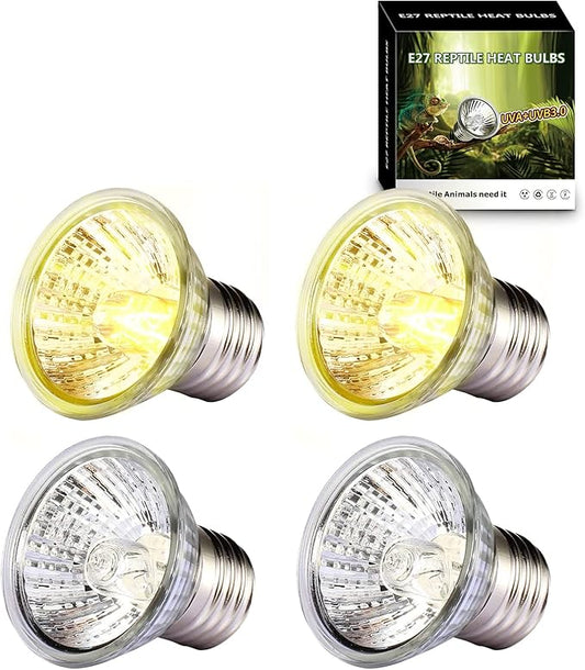 4 -Pack 50W UVA UVB Heat Lamp Bulbs for Reptiles, Heating Emitter Bulbs for Amphibian, Terrariums, Cages, for Tortoise, Snake, Frog, Lizard, Chameleon, Hermit Crab, Cockatoo. Halogen, Orange