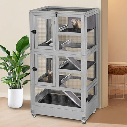 Large Ferret Cage, Chinchilla Cage with 5 Levels, Wooden Guinea Pig Cages with Wheels, Small Animal Cages with Ramp, Hideout, Pull Out Tray, for Rat, Hamster, Hedgehog