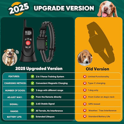 Wireless Dog Fence, Portable Electric Fence for Dogs with Remote Training Collar, Magnetic Charging Base, Outdoor Pet Containmen System for Yards, Adjustable for Medium Large Dogs (for 2 Dogs)