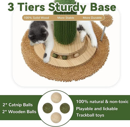 OTOB 36" Tall Cat Cactus Scratching Post, Natural Sisal Rope Cat Scratcher Post, Vertical 6-in-1 Interactive Turntable Cat Scratch Post with Soft Ball Toys, Protect Your Furniture (Green/Brown)