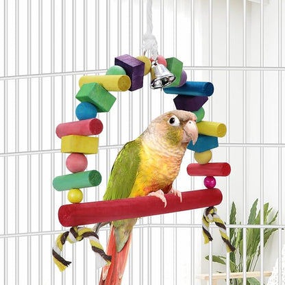 Litewoo Bird Swing Toys Natural Wood Knots Block Rainbow Bridge Wooden Hanging Bells Toys for Parrot Budgie Lovebirds Conures Parakeet cockatoo Cockatiel