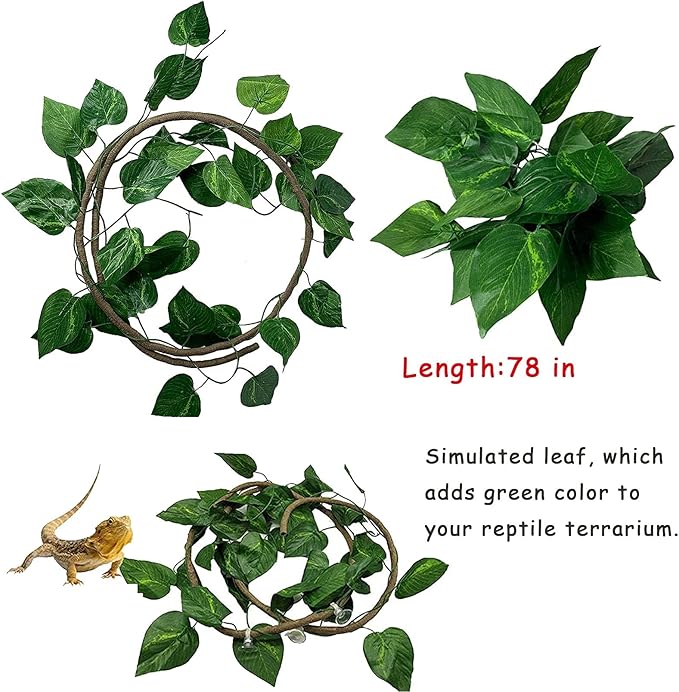kathson Lizard Coco Den with Ladder, Reptile Hideouts Gecko Coconut Husk Hut with Artificial Bendable Jungle Climbing Vines for Chameleon, Lizards, Gecko, Snakes