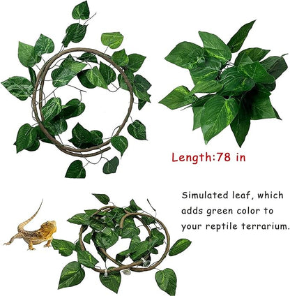 kathson Lizard Coco Den with Ladder, Reptile Hideouts Gecko Coconut Husk Hut with Artificial Bendable Jungle Climbing Vines for Chameleon, Lizards, Gecko, Snakes