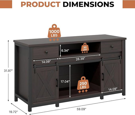 Miereirl 75-120 Gallon Fish Tank Stand with Power Outlet – Heavy Duty Aquarium Stand, Rustic Farmhouse Style, 1000 lb Capacity, Adjustable Storage & Sliding Barn Doors, Dark Brown