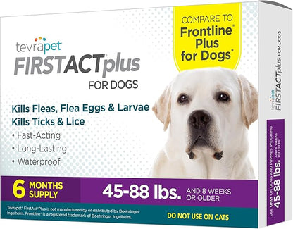 FirstAct Plus Flea Treatment for Dogs, Large Dogs 45-88 lbs, 6 Doses, Same Active Ingredients as Frontline Plus Flea and Tick Prevention for Dogs