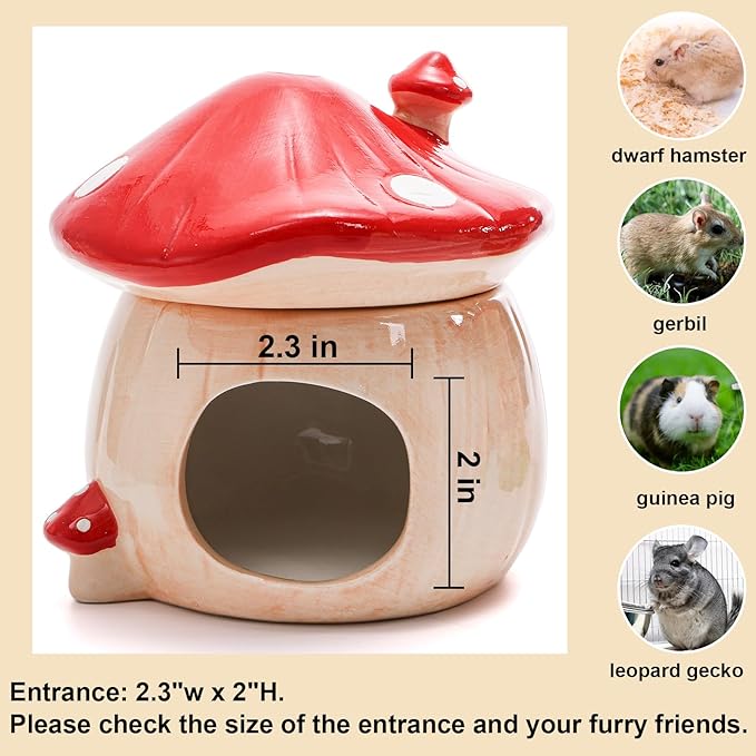 Hacaroa 3 Pack Ceramic Hamster Hideout, Mushroom Shape Guinea Pig Food Bowl Cute Water Bottle with Stand, Cool Hamster Bed House Small Animal Cage Accessories for Dwarf Hamsters, Mice, Gerbils