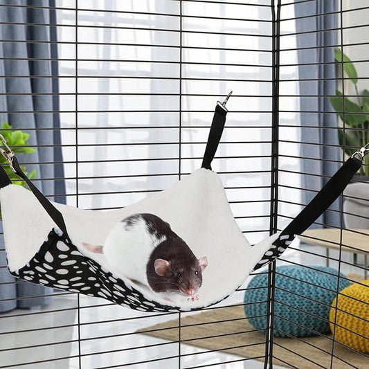 2 Pack Small Animal Hammock Soft Fleece Sleeping Bed for Mice Rat Chinchilla Guinea Pig Ferret Kitten Cat Rabbit (M: 13.76x13.76inch, Black White Dot)