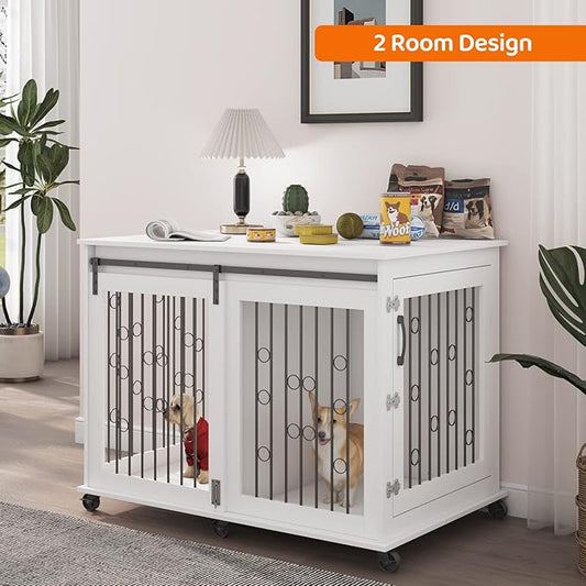 IchbinGo Large Dog Crate Furniture with Sliding Barn Door, 43.7" Wooden Dog Kennel End Table with Wheels and Flip-top Plate Dog House with Detachable Divider for Small/Medium/Large Dog (White)