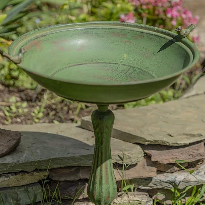 Zaer Ltd. Ornate Metal Pedestal Style Birdbath with Cast Iron Birds on Rim Full Base (Green)