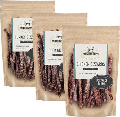 Farm Hounds - Bundle Gizzards - Premium Chicken, Duck, & Turkey Jerky for Dogs - from 100% Humanely Raised - Break-to-Size - Great for Training & Treats - No Added Fillers - Made in USA - 3 Pack