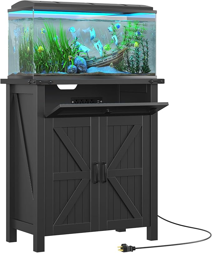 20 Gallon Fish Tank Stand with Power Outlets, Farmhouse Decorative Aquarium Stand Furniture with Adjustable Shelves, 10-20 Gallon Reptile Turtle Tank Stand with Cabinet Storage (Black, 20GL)
