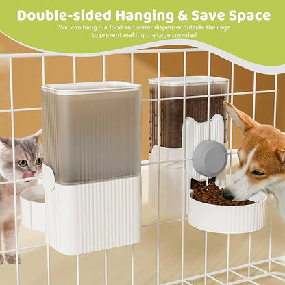 Hanging Cage Automatic Small Pet Food Bowl Water Bottle Dispenser, 1L Auto Gravity Pet Feeder and Waterer Set Kennel Feeding Station Crate Feeder Dish for Rabbit Puppy Cats Ferret (Grey)
