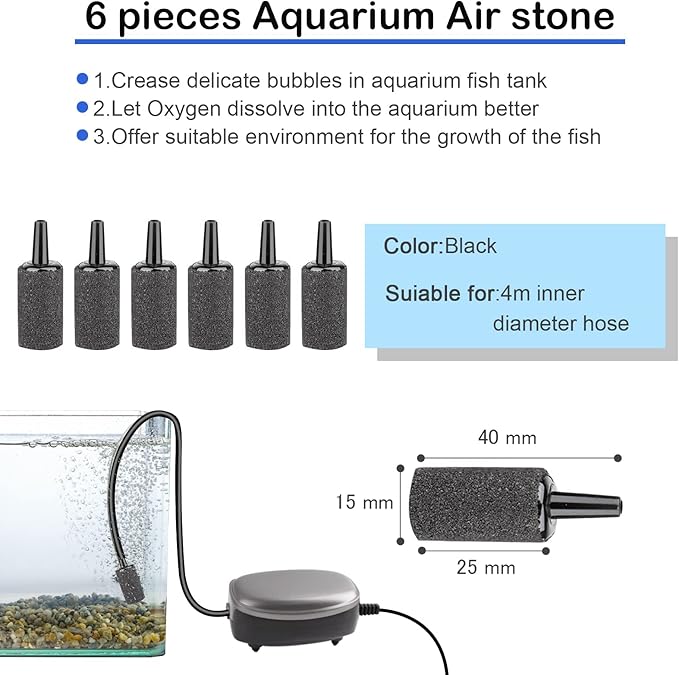 19.68 feet Black Aquarium Airline tubing 6 air Stone for Aquarium 6 Aquarium Check Value for Fish Tank 6 Aquarium Suction Cups 3 Each Aquarium air Controller and I T Hose connectors
